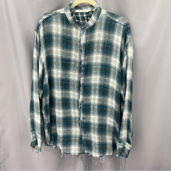 MNML Raw Edge Distressed Long Sleeve Lightweight Button Down Plaid Shirt - Picture 1 of 8